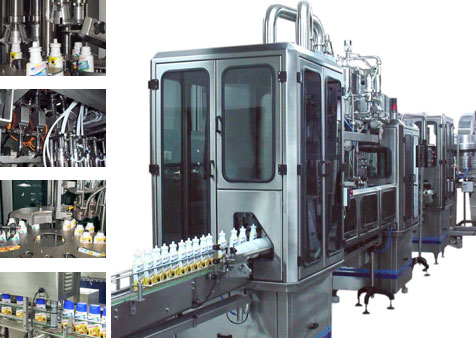 Linear filling and vacuum closing machine for glass packaging.